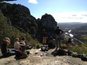 Human evolution team looking out on the Herault Valley