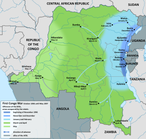The first Congo war. http://en.wikipedia.org/wiki/First_Congo_War#/media/File:First_Congo_War_map_en.png 
